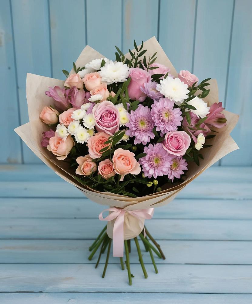 Букет цветов из: Хризантемы, Розы и Альстромерии в Ашитково