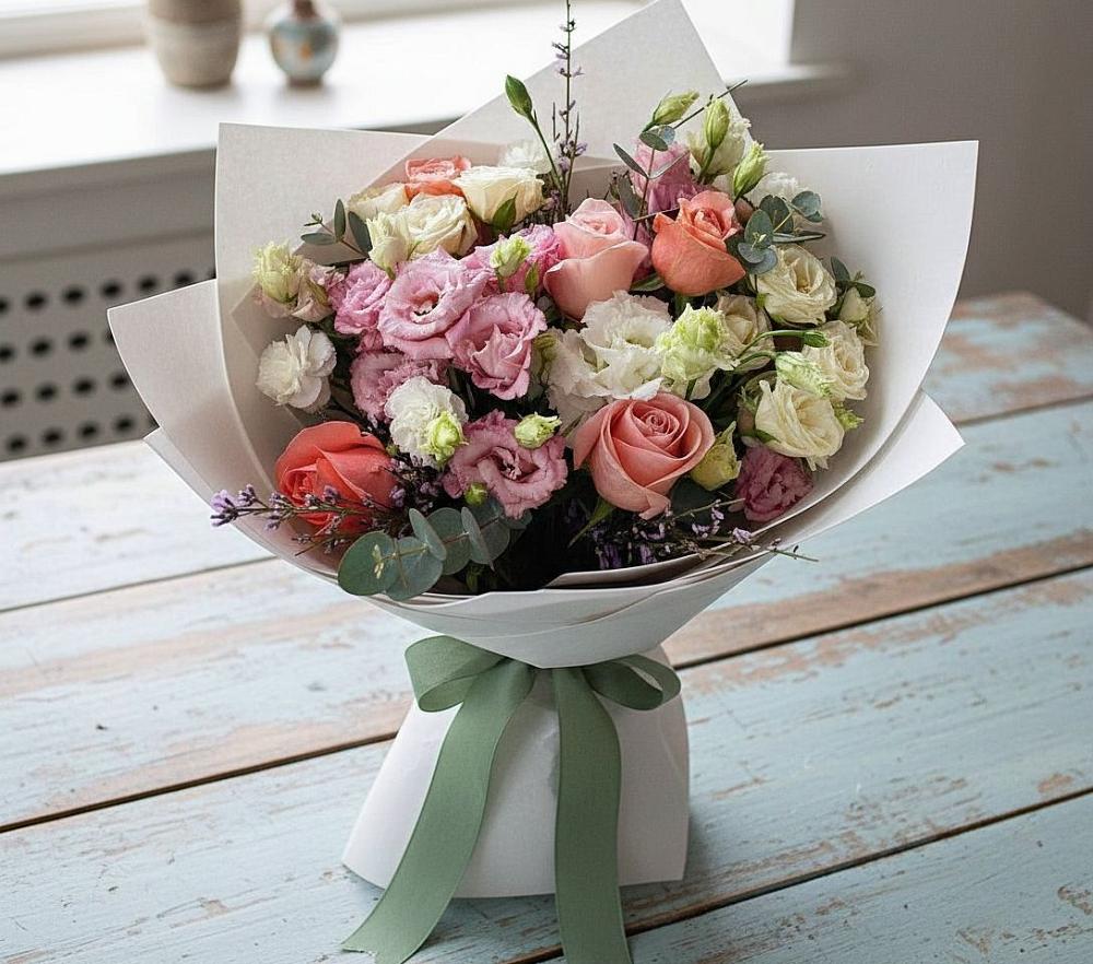 Букет цветов из: Розы, Лизиантусы и Гвоздики в Ашитково