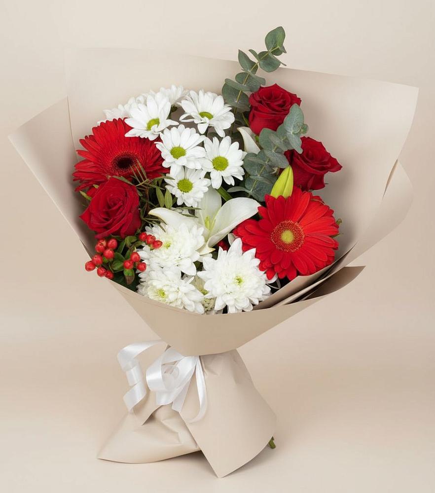 Букет цветов из: Розы, Хризантемы, Герберы и Лилии в Ашитково